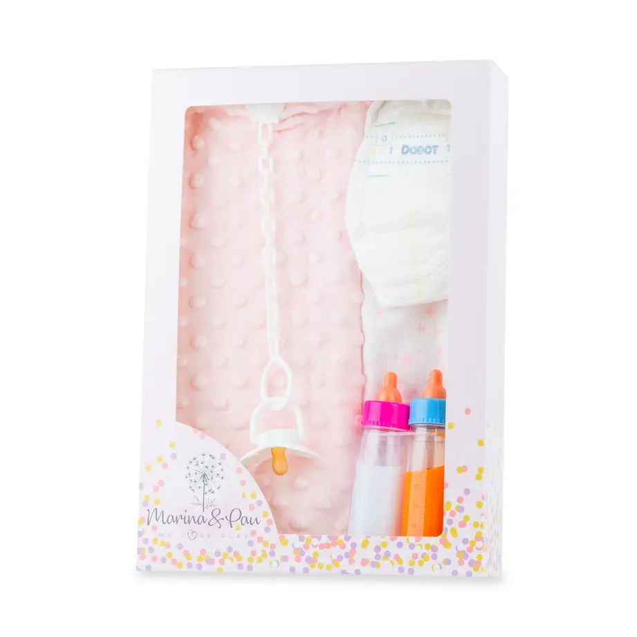 POUPÉE LOT D'ACCESSOIRES (couverture, tétine, couche et biberons)