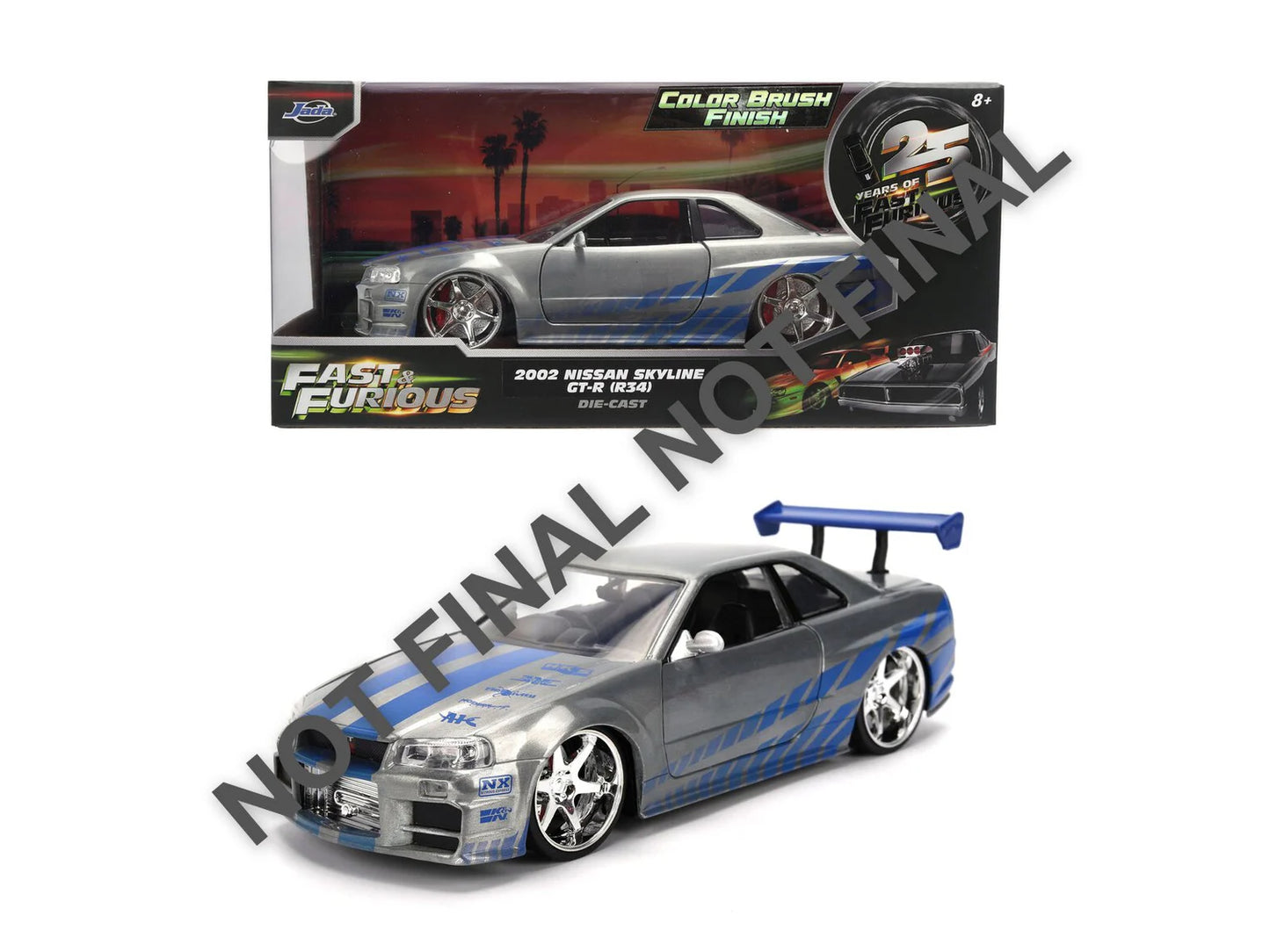 Voiture Jada Fast & Furious Nissan Skyline anniversaire en modèle réduit 1:24, vue de face avec détails colorés et logo.