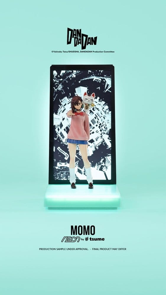 Figurine Dandadan Momo 1/9, 25 cm, de la marque Tsume, représentant la personnage avec détails lumineux et colorés.