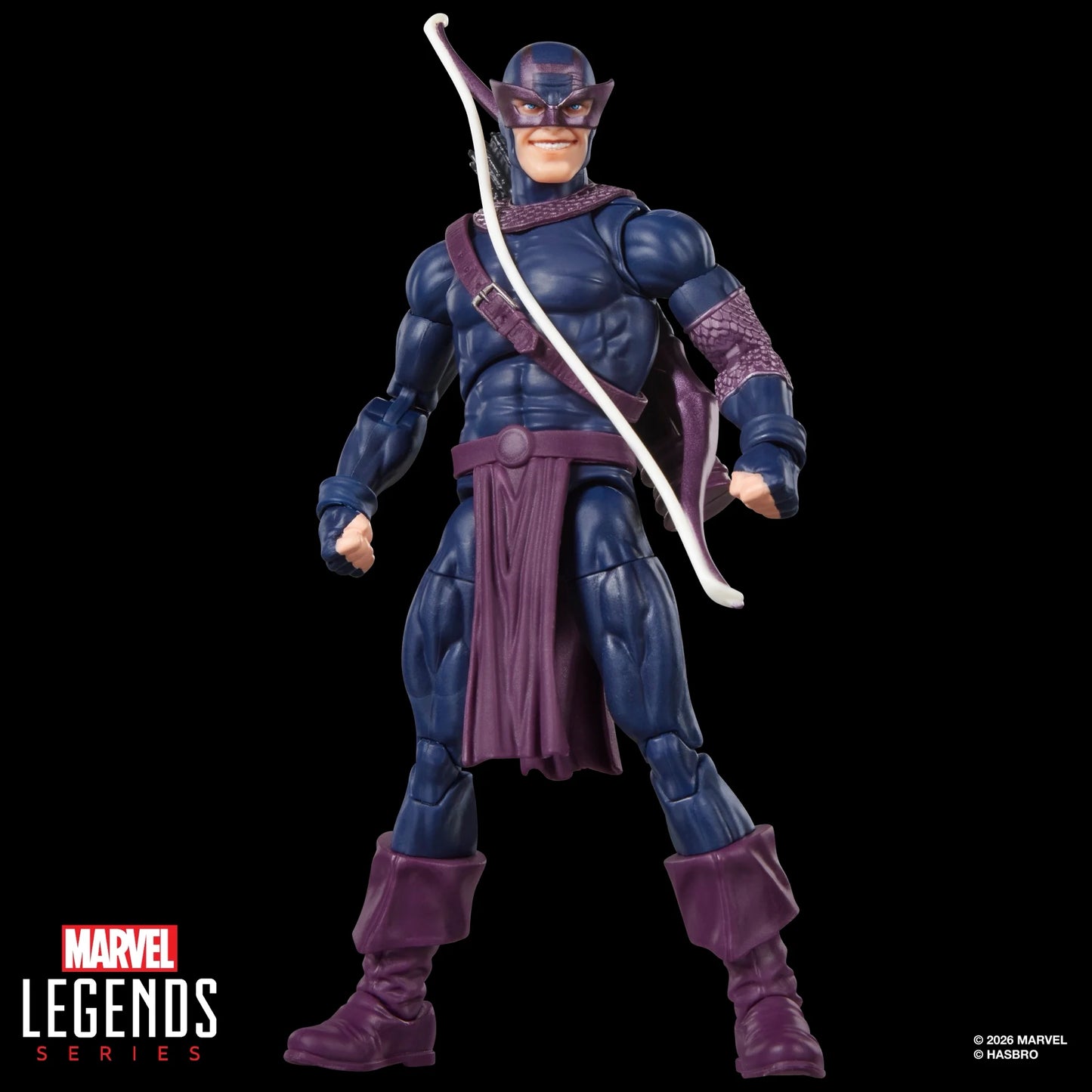 Figurine Marvel Legends Dark Avengers Hawkeye (Bullseye) de 15 cm, personnage en pose avec costume détaillé, par Hasbro.