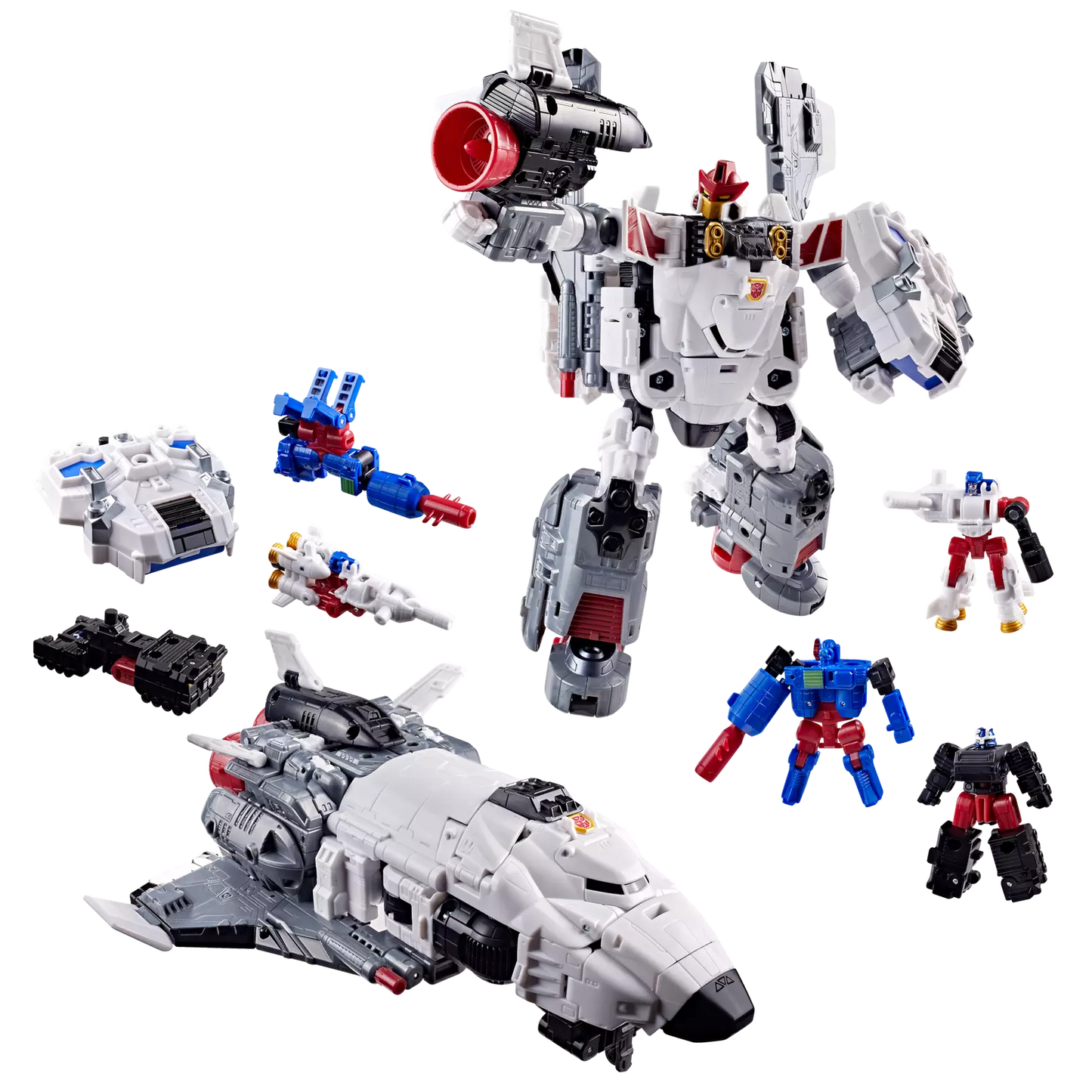 Figurine Transformers Age of the Primes Armada Jetfire Classe Commandant de la marque Hasbro, vue de face avec détails colorés.