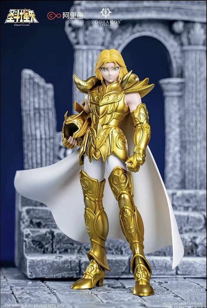 Figurine Mu du Bélier Saint Seiya Zodiakos, personnage de chevalier en armure dorée, en position de combat.