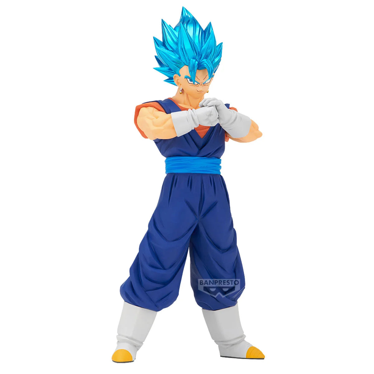 Figurine Vegito Super Saiyan Blue de 20cm de la collection Dragon Ball Super, fabriquée par Bandai, montrant Vegito en mode Super Saiyan Blue.