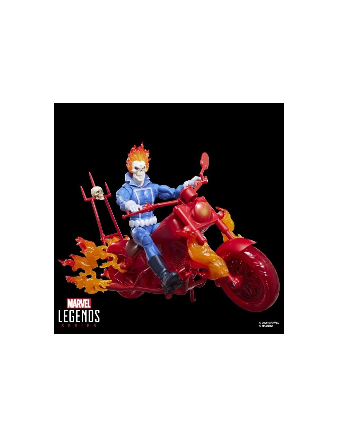Figurine Marvel Legends Ghost Rider avec moto, 15 cm, de la série Hasbro, montrant Johnny Blaze en costume de Ghost Rider.