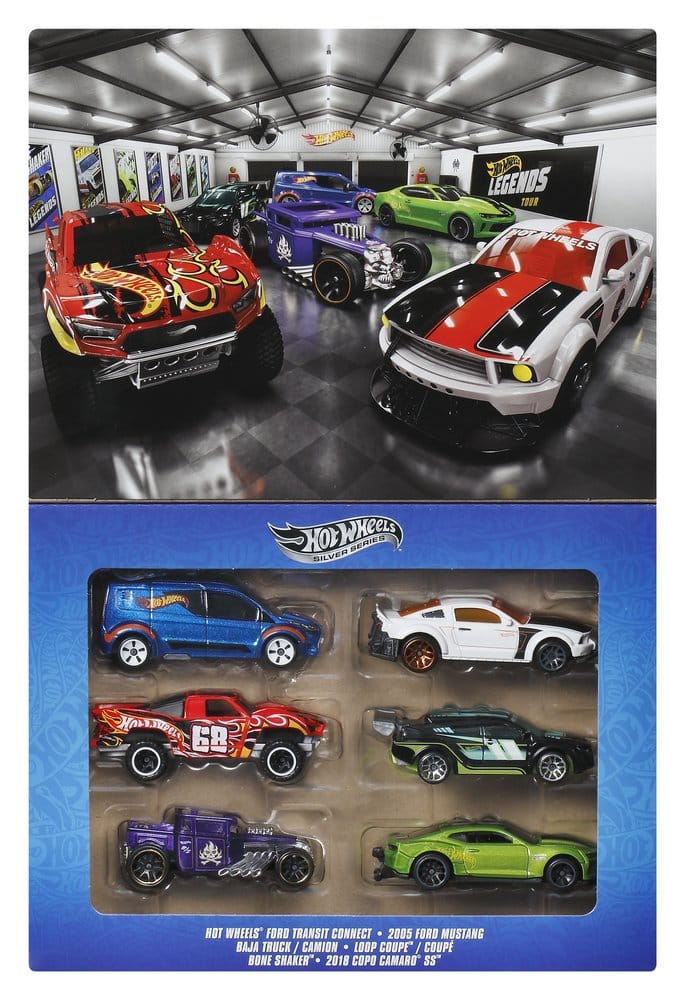 Véhicules Hot Wheels Silver Series Mattel, pack de 6 modèles en métal die-cast 1/64, collection de voitures légendaires.