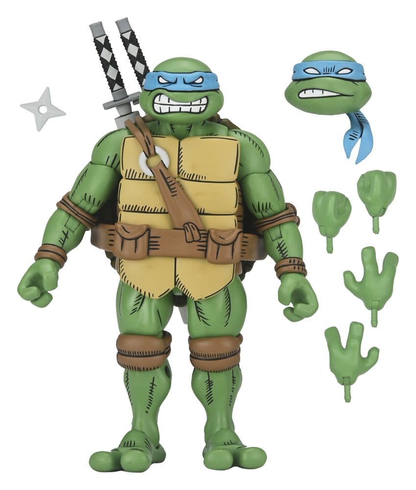 Figurine NECA TMNT x Usagi Yojimbo Leonardo ultime de 18 cm, version comic, posé avec détails précis et couleurs vibrantes.
