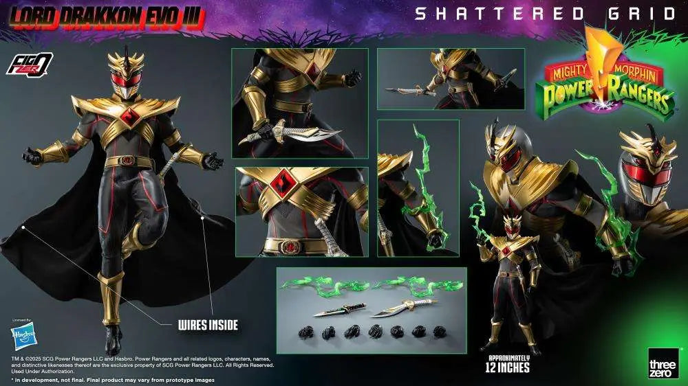 Figurine articulée Lord Drakkon Evo III Power Rangers Shattered Grid, marque Threezero, 30 cm, détails réalistes et pose dynamique.