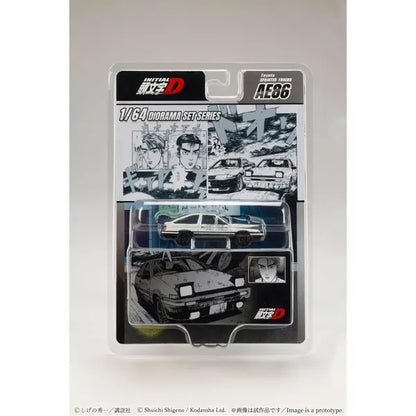 Voiture miniature AE86 Takumi Fujiwara et Nakazato de la série Initial D, modèle 1:64 de Metro K, vue de face.
