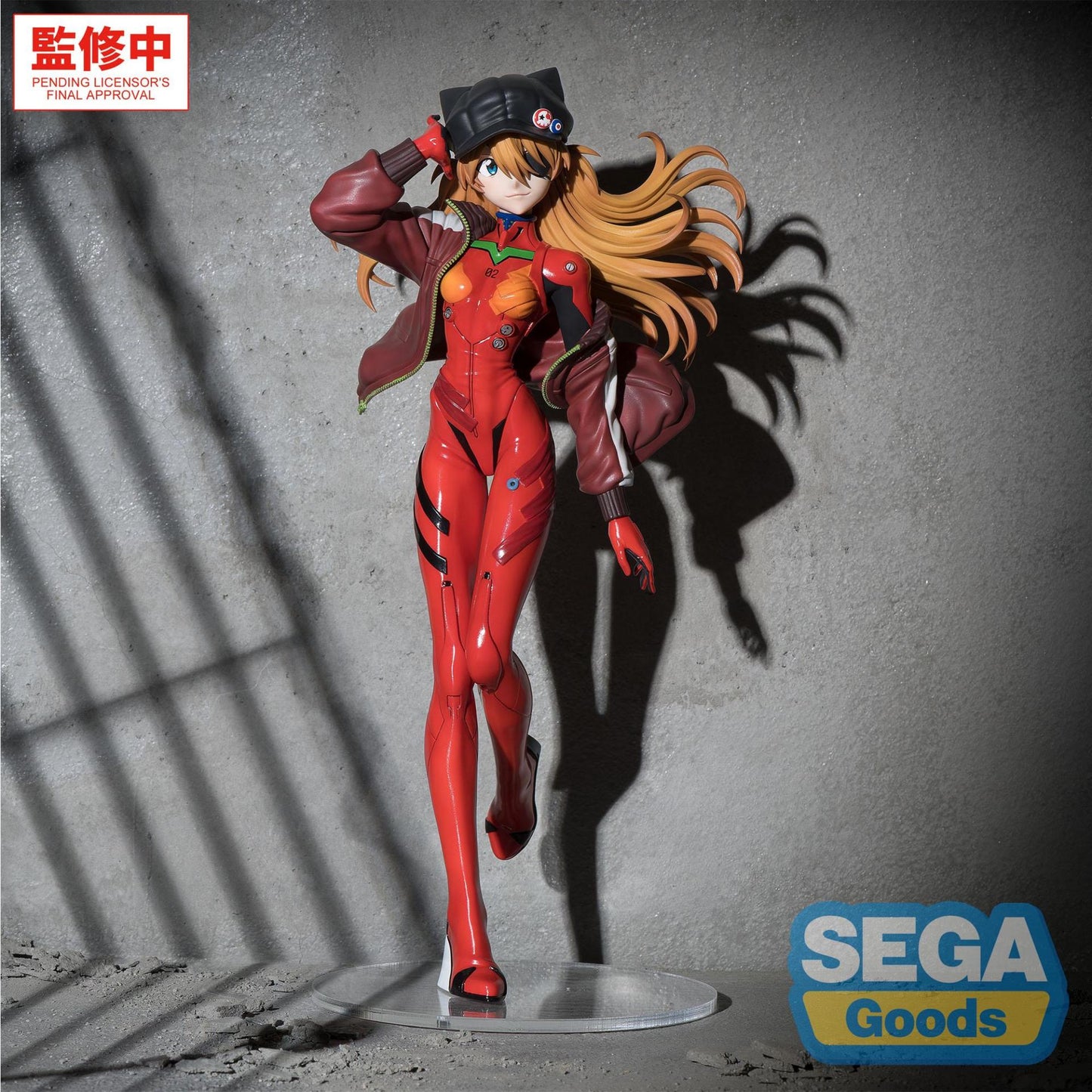 Figurine Asuka de Evangelion Sega, modèle détaillé de la série animée, en pose dynamique, avec vêtements et accessoires précis.