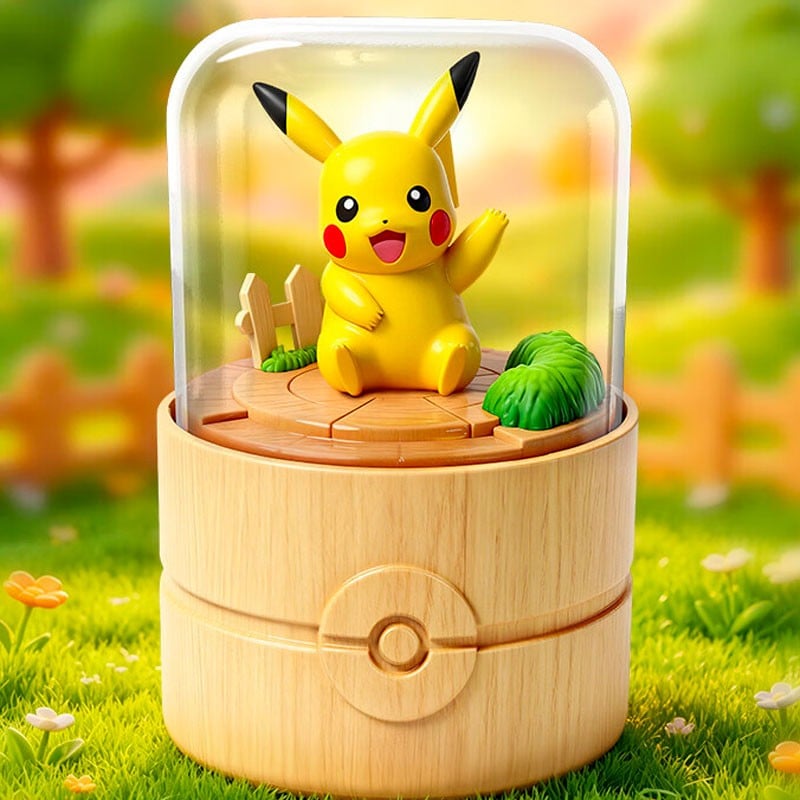 Figurine Pokémon Pikachu de Zhuangchen, boîte à musique rotative avec design coloré et détails précis, idéale pour collection.
