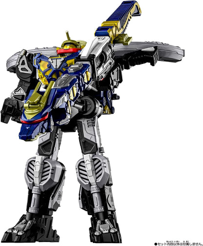 Figurine Bandai Super Space Sheriff Gabban Infinity DX Gabrion Dornado avec EmorGear Super Dimensional Emorgi, détails colorés et articulation.