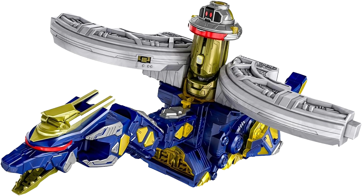 Figurine Bandai Super Space Sheriff Gabban Infinity DX Gabrion Dornado avec Émorgear Super Dimensional Emorgi, détails colorés et pose dynamique.