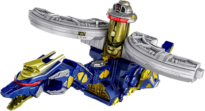 Figurine Bandai Super Space Sheriff Gabban Infinity DX Gabrion Dornado avec Émorgear Super Dimensional Emorgi, détails colorés et pose dynamique.