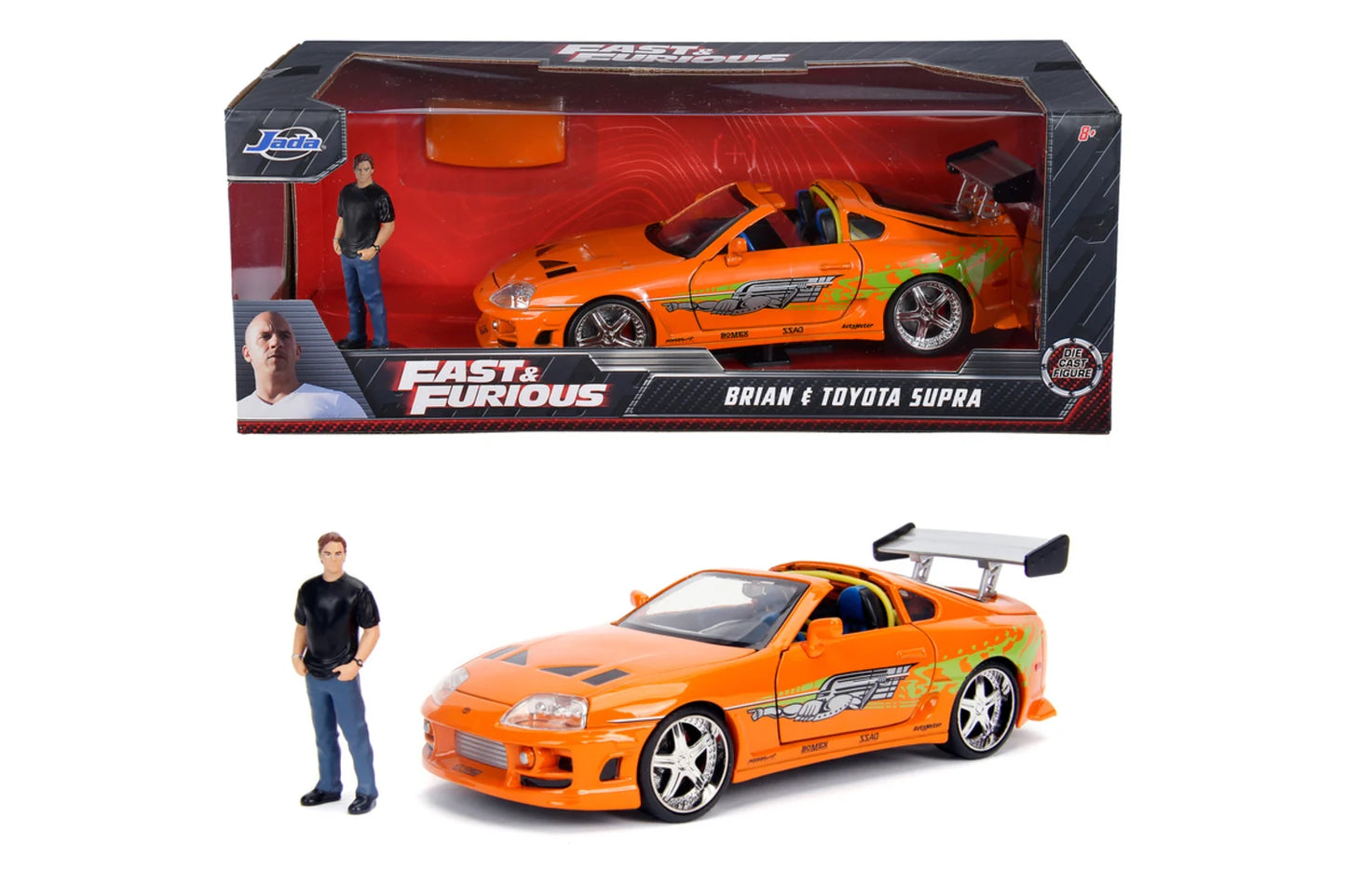 Voiture Jada Toyota Supra Fast & Furious 1995 en modèle réduit 1:24, vue de côté avec détails colorés.