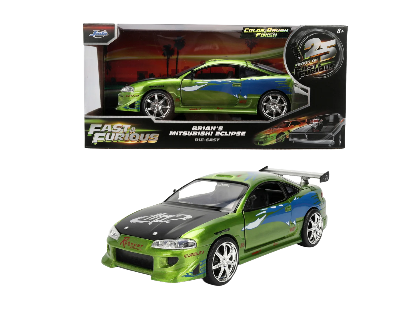 Voiture miniature Mitsubishi Fast & Furious anniversaire en métal à l'échelle 1:24, modèle Jada, vue de côté.