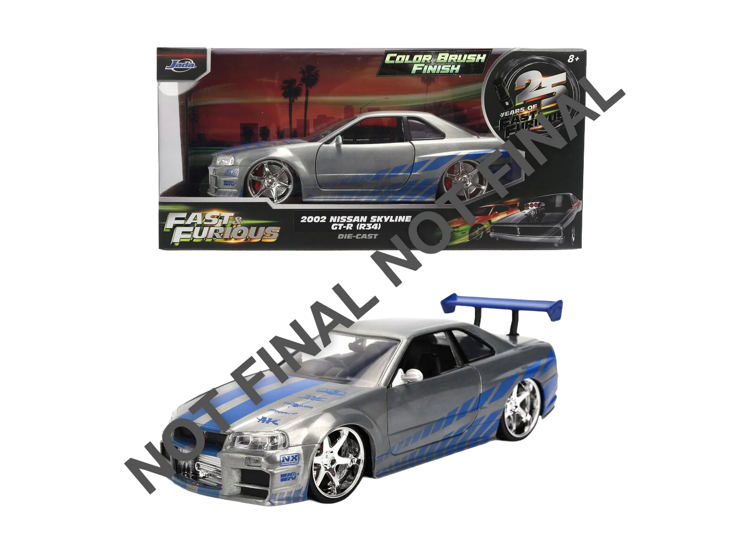 Voiture de collection Jada Nissan Skyline FAST & FURIOUS en modèle réduit 1:24, vue de côté, détails réalistes et design sportif.