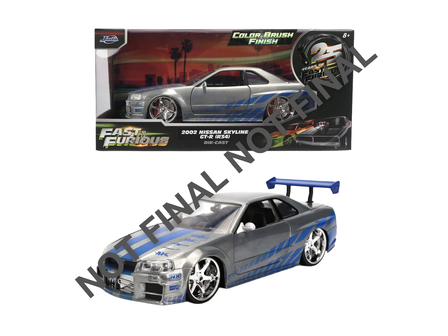 Voiture de collection Jada Nissan Skyline FAST & FURIOUS en modèle réduit 1:24, vue de côté, détails réalistes et design sportif.