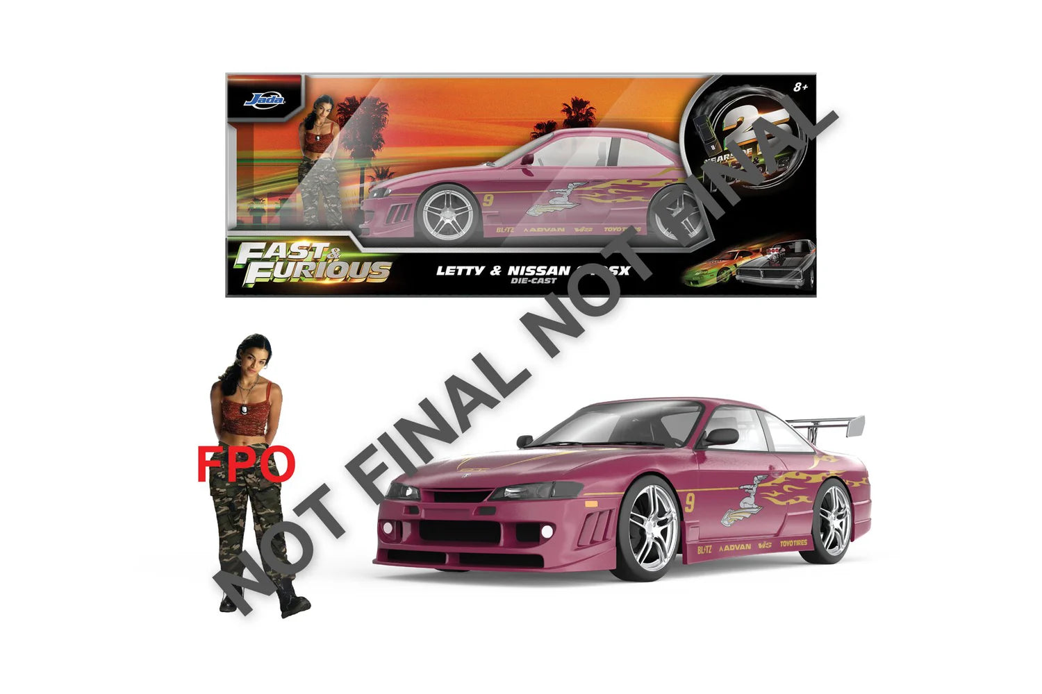 Voiture Jada Nissan 240SX 1997, modèle réduit 1:24 du film Fast & Furious, vue de côté avec détails précis