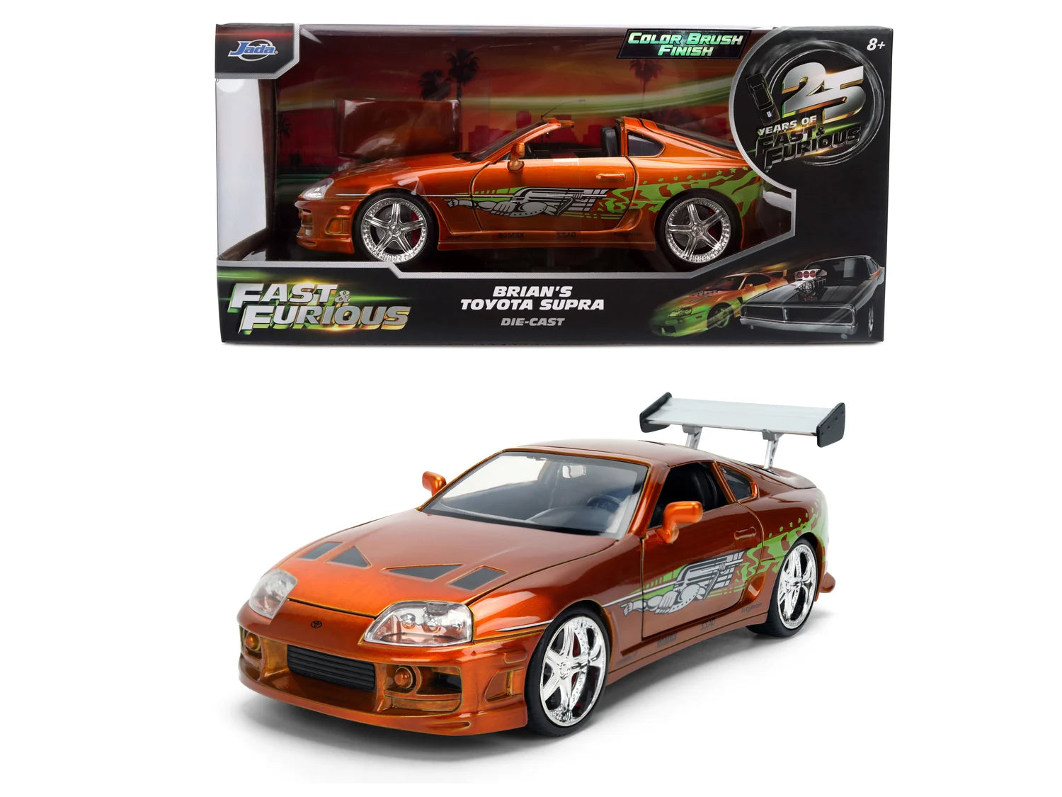 Voiture Jada Fast & Furious Toyota Supra anniversaire, modèle réduit 1:24, vue de face avec détails colorés et logo.