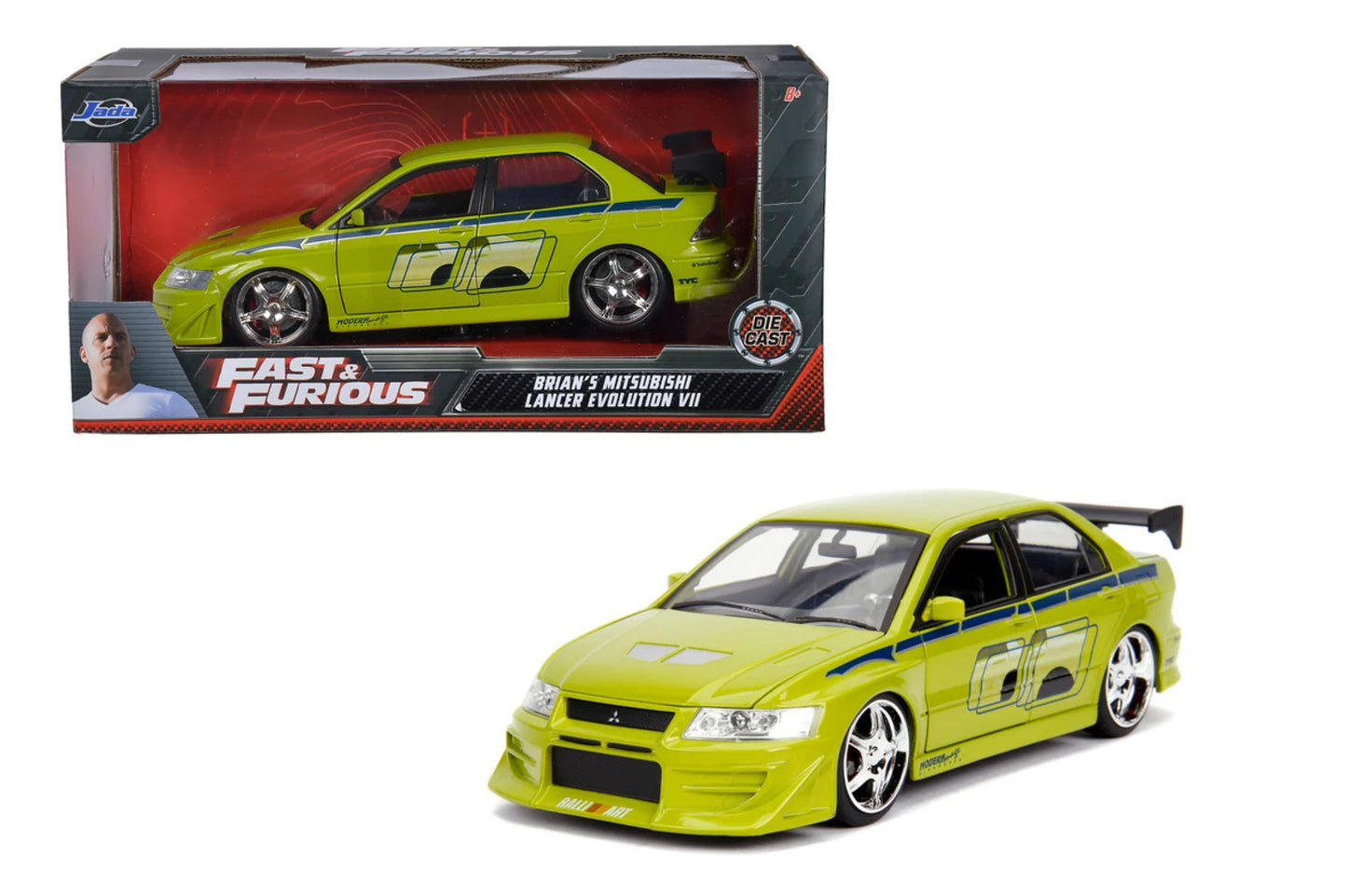 Voiture Jada Fast & Furious Mitsubishi 2002 en modèle réduit 1:24, vue de côté avec détails colorés.