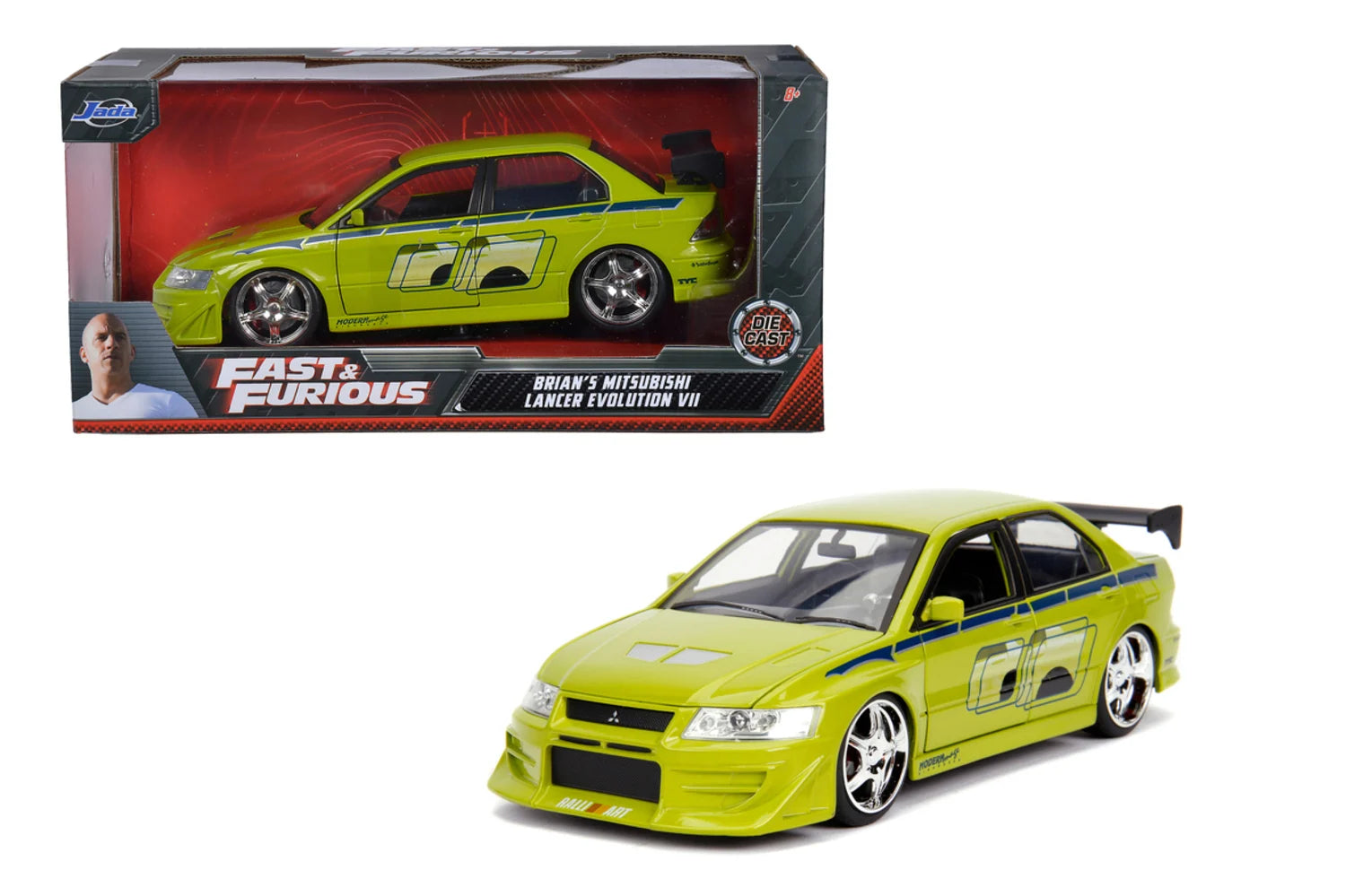 Voiture Jada Fast & Furious Mitsubishi 2002 en modèle réduit 1:24, vue de côté avec détails colorés.