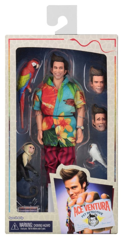Figurine de 20 cm d'Ace Ventura Neca avec vêtements, représentant Jim Carrey dans le rôle emblématique.