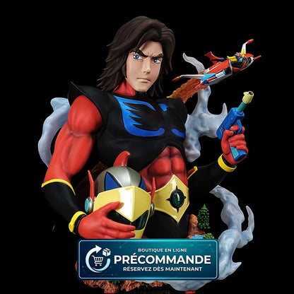 Statue de bust d'Actarus King Goldorak, figurine de collection Grendizer, en métal doré, de la marque Cartoon Kingdom.
