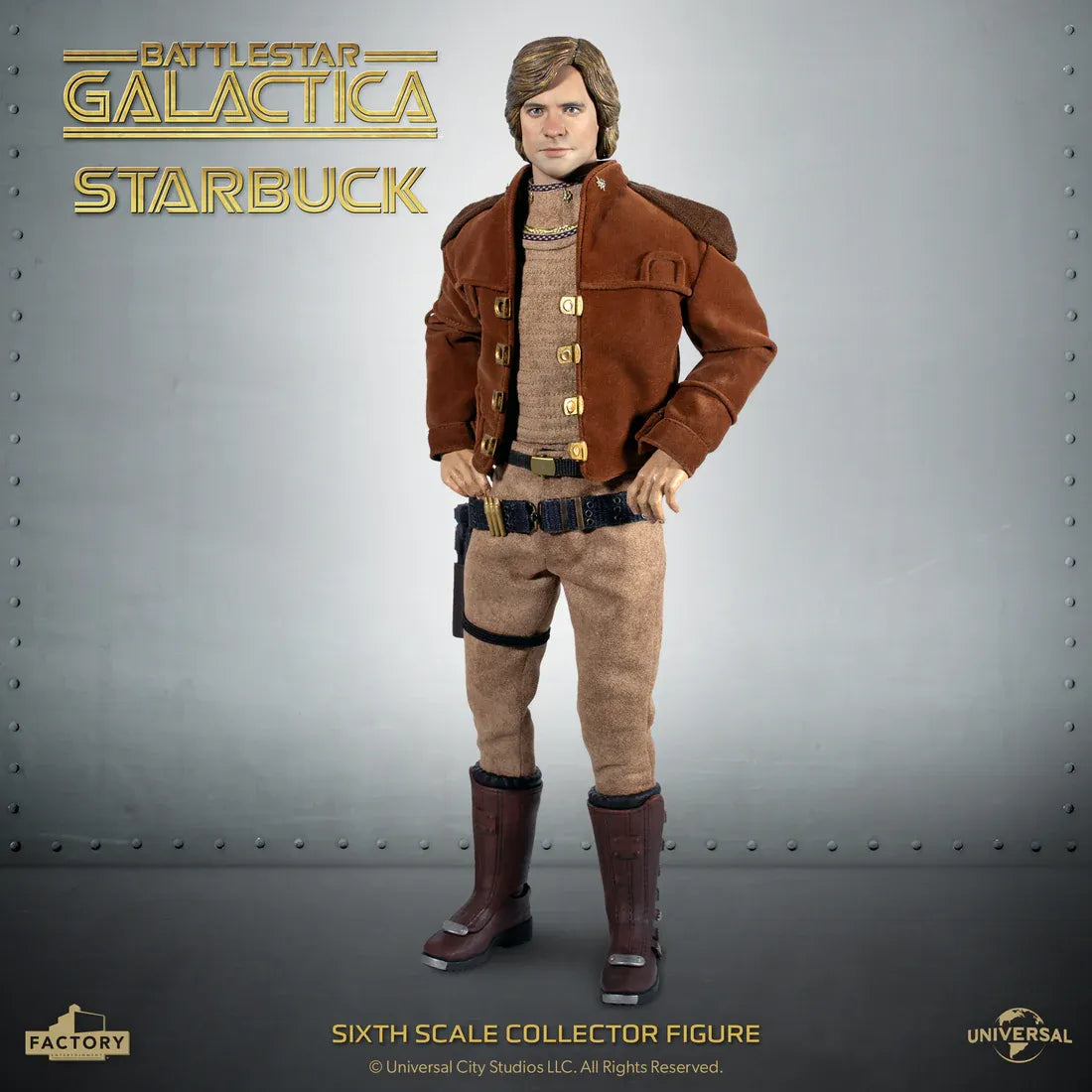 Figurine Lieutenant Starbuck de Battlestar Galactica 1978 en échelle 1/6, détail précis, costume militaire et casque.