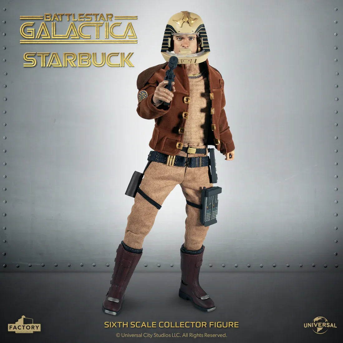 Figurine de Lieutenant Starbuck de Battlestar Galactica (1978), modèle 1/6, représentant le personnage en uniforme de la série.