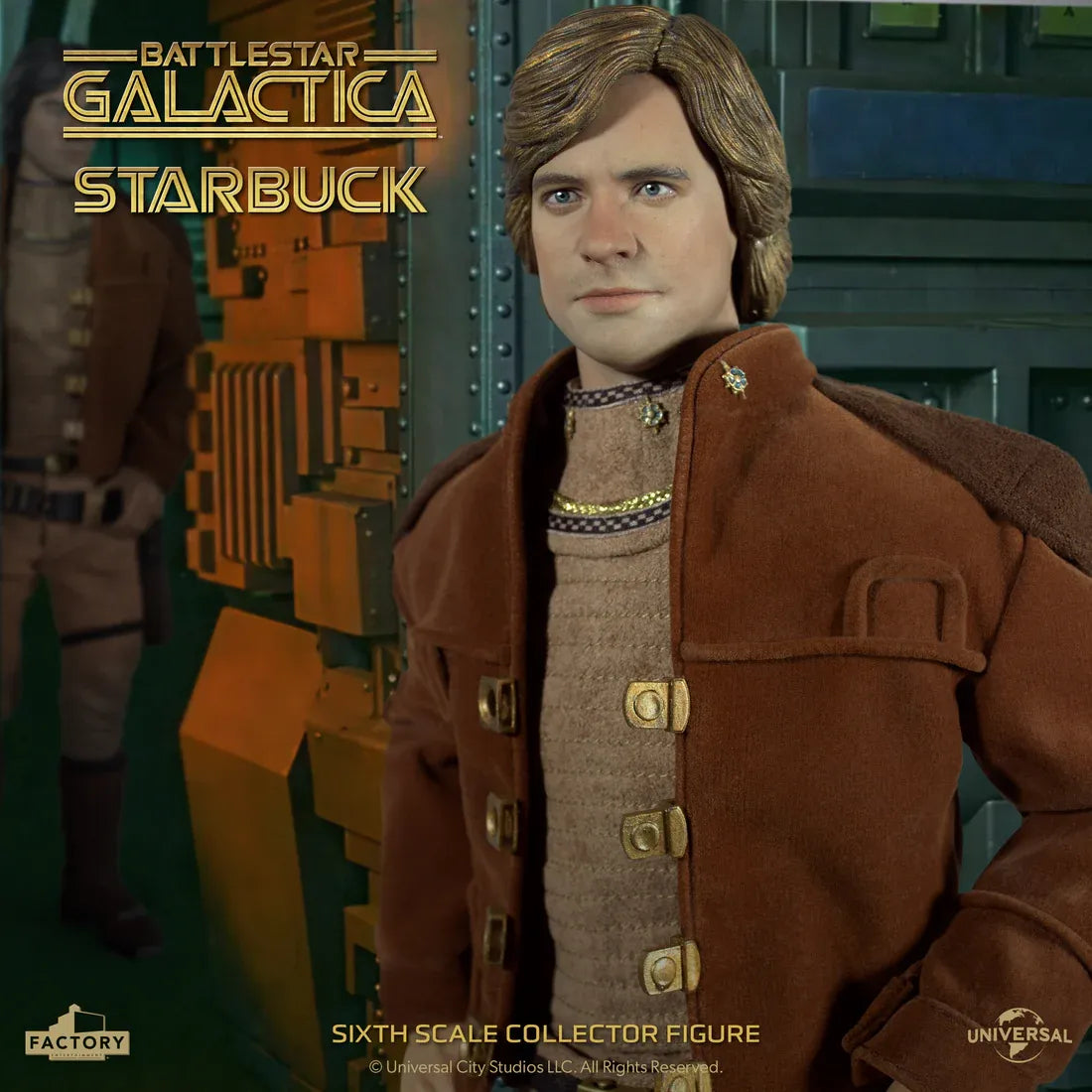 Figurine de Lieutenant Starbuck de Battlestar Galactica 1/6, modèle détaillé de Factory Entertainment, vue en gros plan.