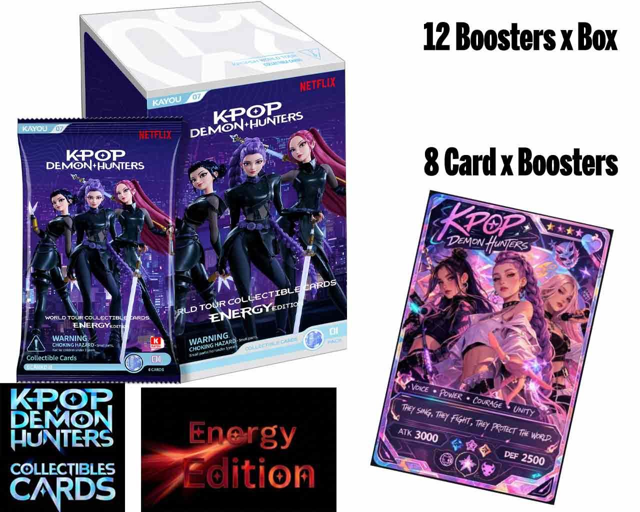 Boîte de booster Kayou K-Pop Demon Hunters Energy Edition, jeu de cartes avec 12 boosters, illustrée avec des personnages énergétiques.