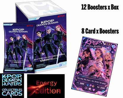 Boîte de booster Kayou K-Pop Demon Hunters Energy Edition, jeu de cartes avec 12 boosters, illustrée avec des personnages énergétiques.
