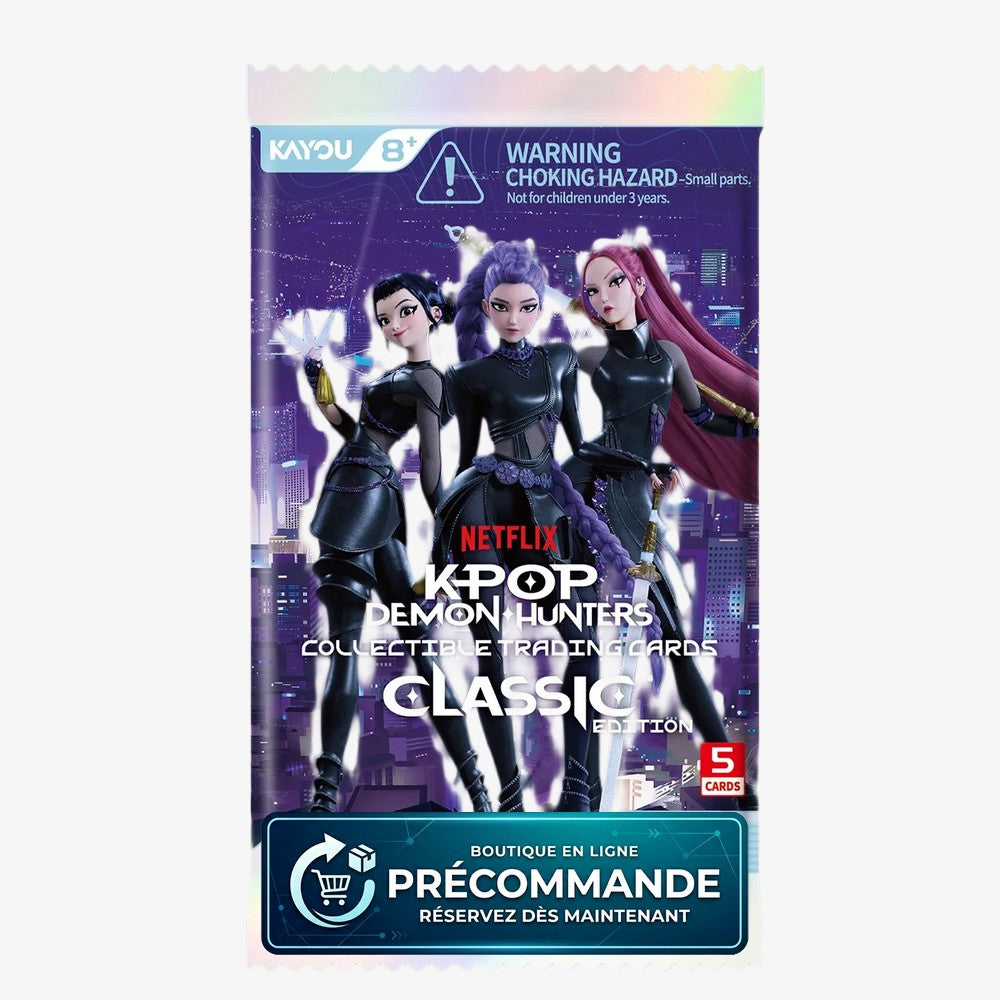 Boîte de booster Kayou K-Pop Demon Hunters Energy Edition, jeu de cartes avec 12 boosters, illustrée avec des éléments énergétiques colorés.