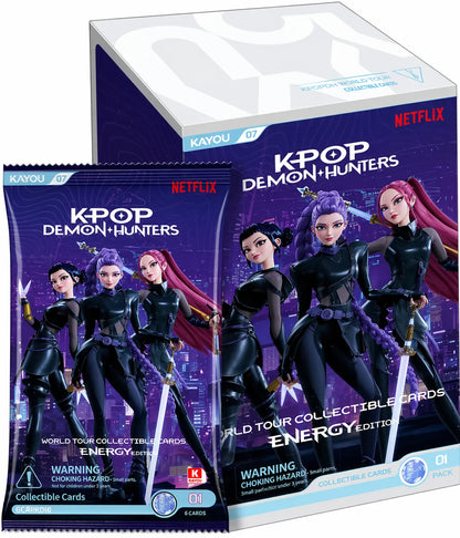 Boîte de boosters Kayou K-Pop Demon Hunters Energy Edition, jeu de cartes, montrant la boîte avec illustrations colorées et logo Kayou.