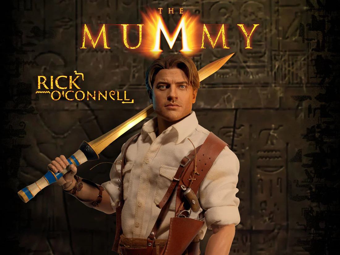 Figurine à l'échelle 1/6 de Rick O'Connell de La Momie, fabriquée par Factory Entertainment, montrant le personnage avec détails réalistes.