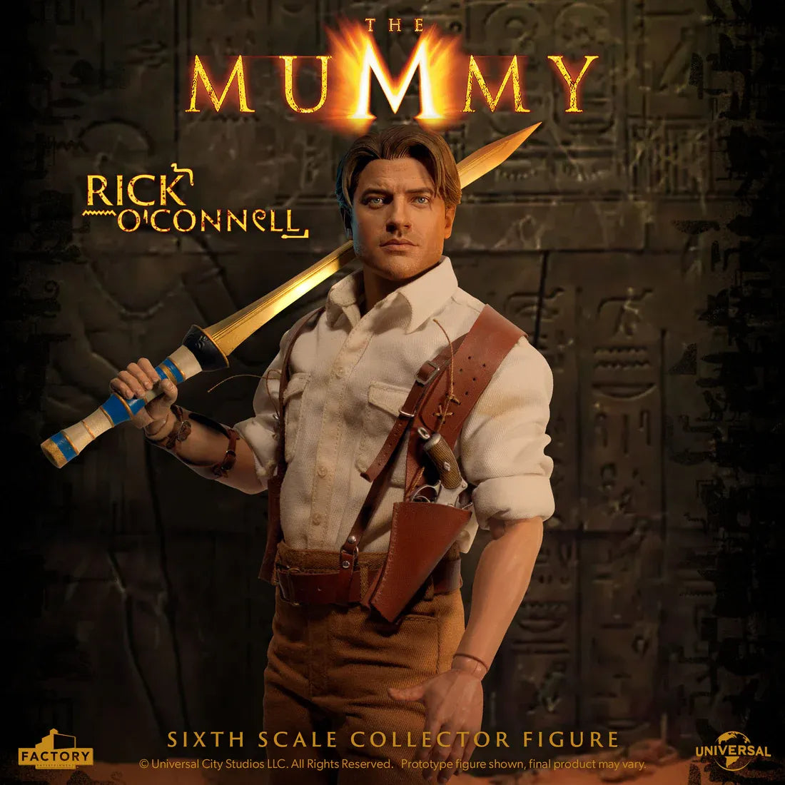 Figurine à l'échelle 1/6 de Rick O'Connell de La Momie, fabriquée par Factory Entertainment, montrant le personnage avec détails réalistes.