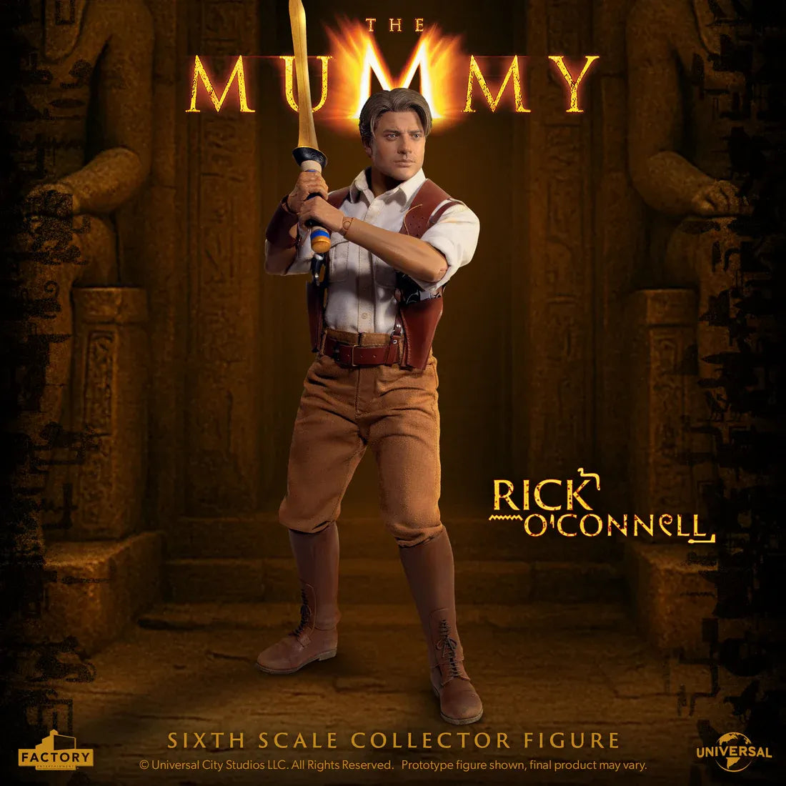 Figurine à l'échelle 1/6 de Rick O'Connell de La Momie, fabriquée par Factory Entertainment, montrant le personnage avec détails réalistes.