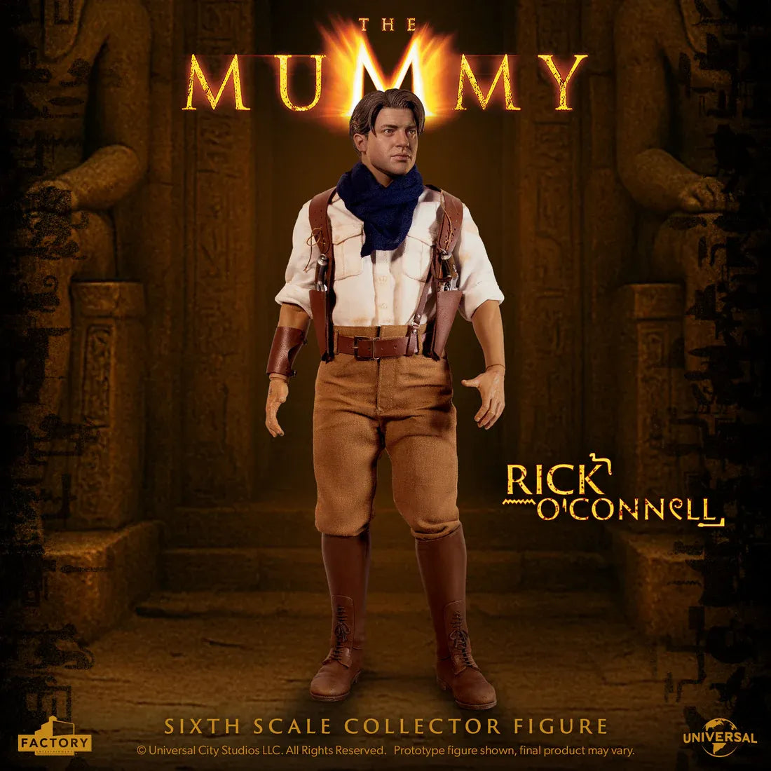 Figurine à l’échelle 1/6 de Rick O’Connell de La Momie par Factory Entertainment, montrant le personnage avec détails réalistes.