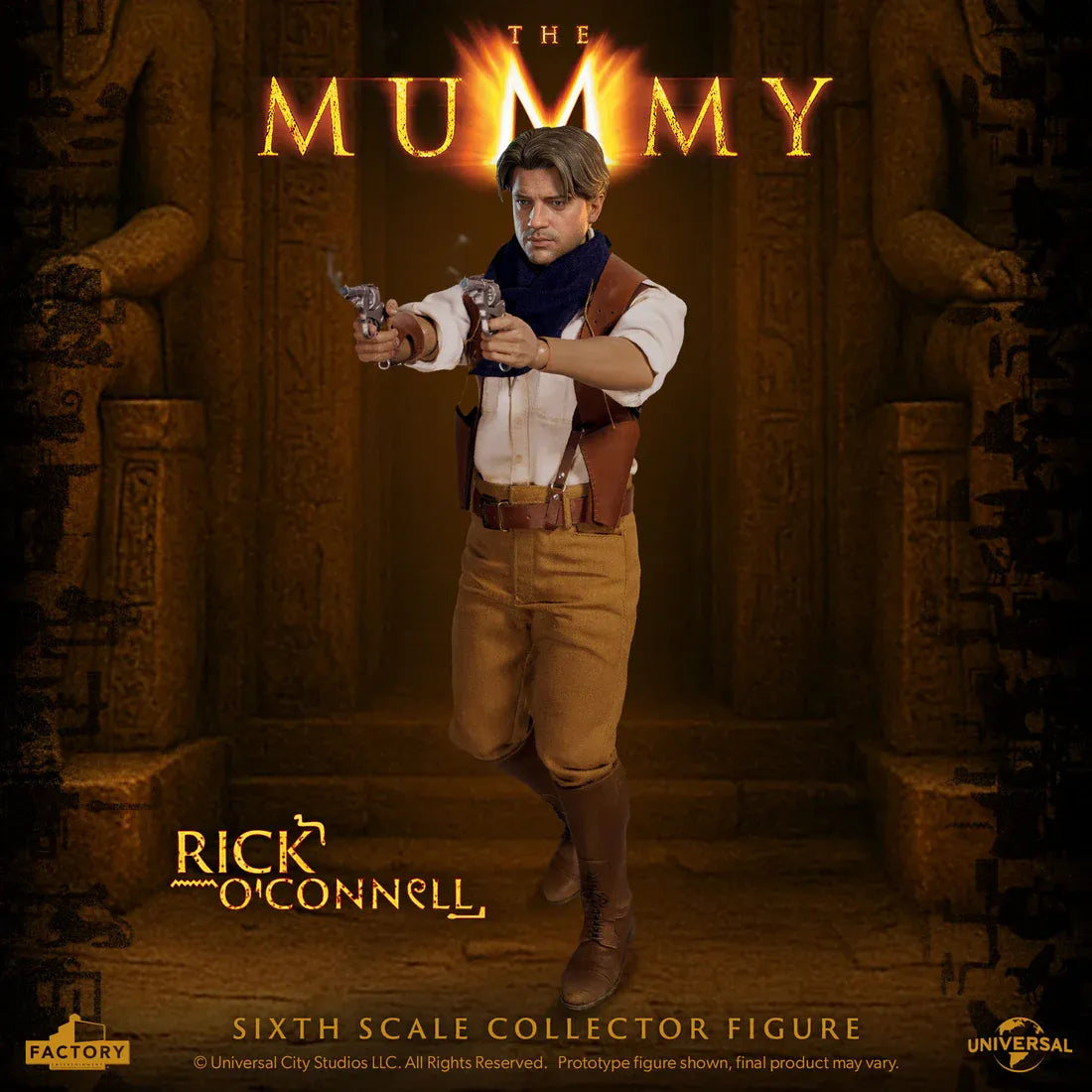 Figurine à l'échelle 1/6 de Rick O'Connell de La Momie, fabriquée par Factory Entertainment, montrant le personnage avec détails réalistes.
