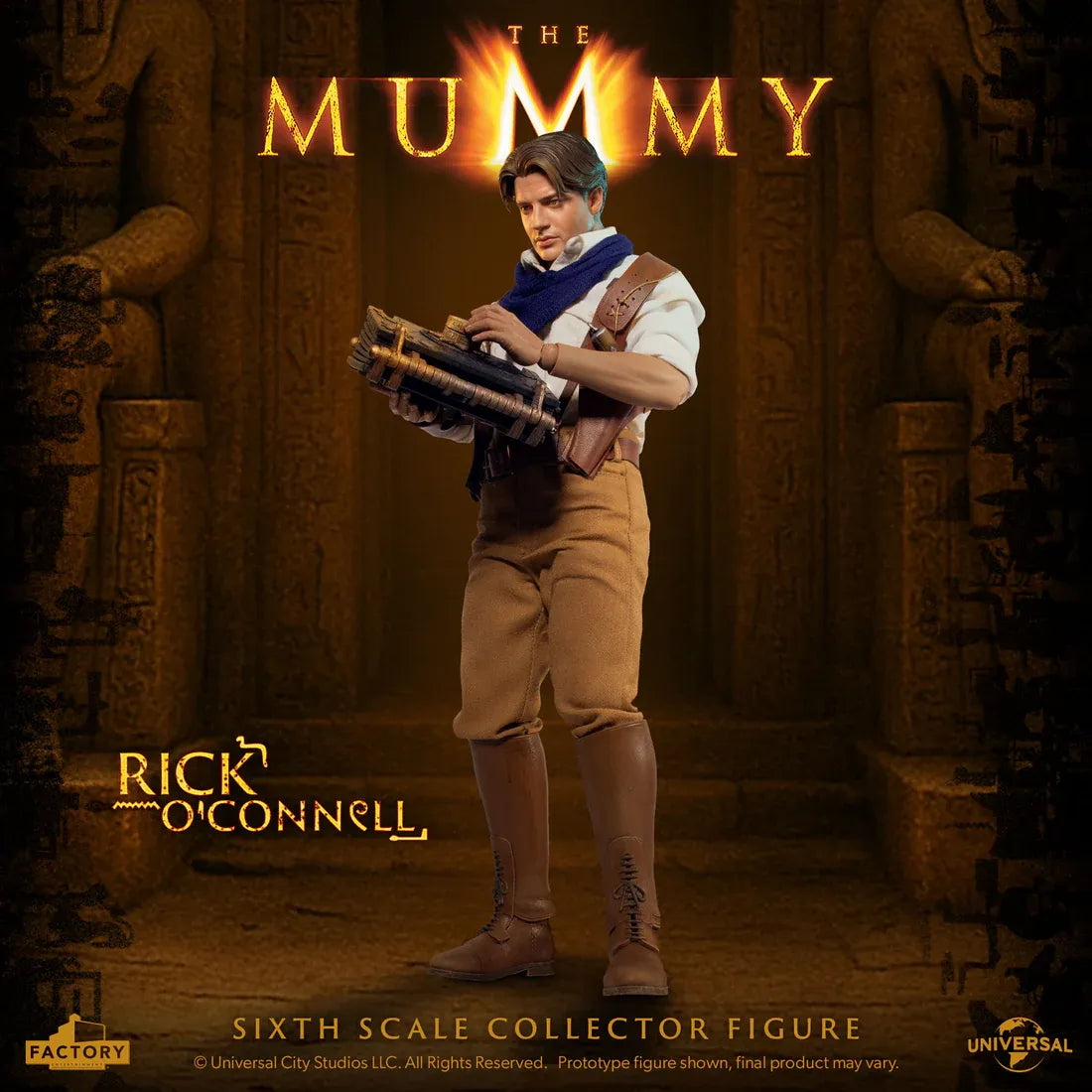 Figurine à l'échelle 1/6 de Rick O'Connell de La Momie, par Factory Entertainment, montrant le personnage avec détails réalistes.