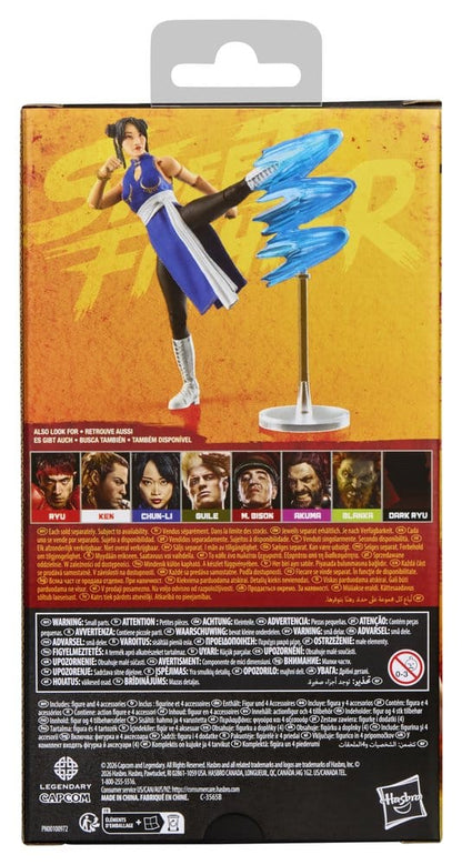 Figurine Chun-Li Street Fighter de 15 cm de la marque Hasbro, positionnée en combat avec détails précis.