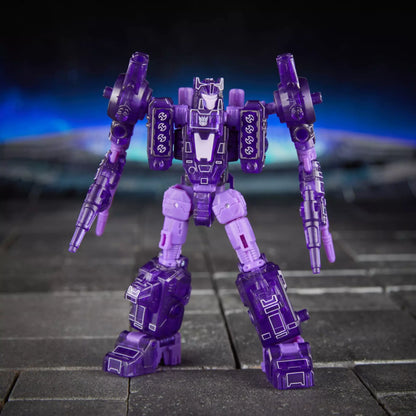 Figurine Cybertronic Dark Energon Transformers Age of the Primes Deluxe de Hasbro, détail coloré et pose dynamique.