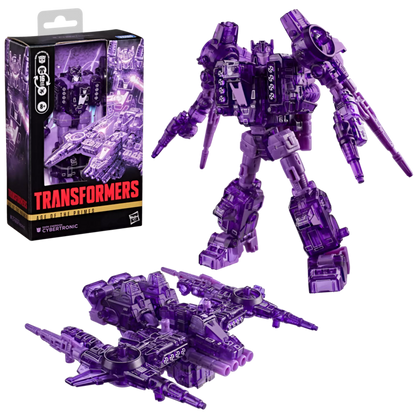 Figurine Cybertronic Dark Energon Transformers Age of the Primes de classe Deluxe, marque Hasbro, en pose dynamique.