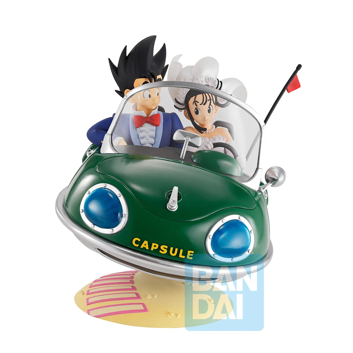 Figurine Bandai Goku et Chi-Chi de 14cm de la collection Dragon Ball Snap, position assise avec détails colorés.
