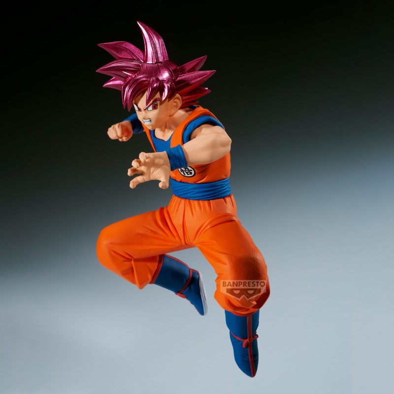 Figurine Banpresto de Son Goku en Super Saiyan God de Dragon Ball Super, 12 cm, pose dynamique, détails colorés et expressifs.