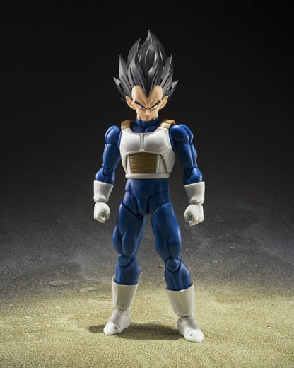 Figurine S.H.Figuarts Vegeta Dragon Ball Z de 14 cm de Bandai Tamashii Nation, pose dynamique, détails précis.