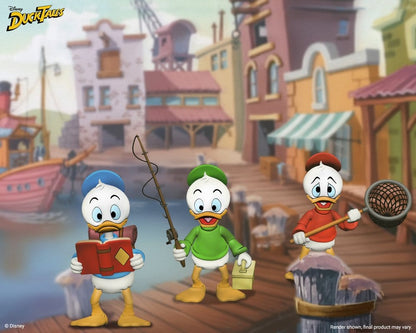 Figurines Neca de Riri, Fifi et Loulou de La Bande à Picsou de DuckTales, pack de 3 personnages en plastique coloré.