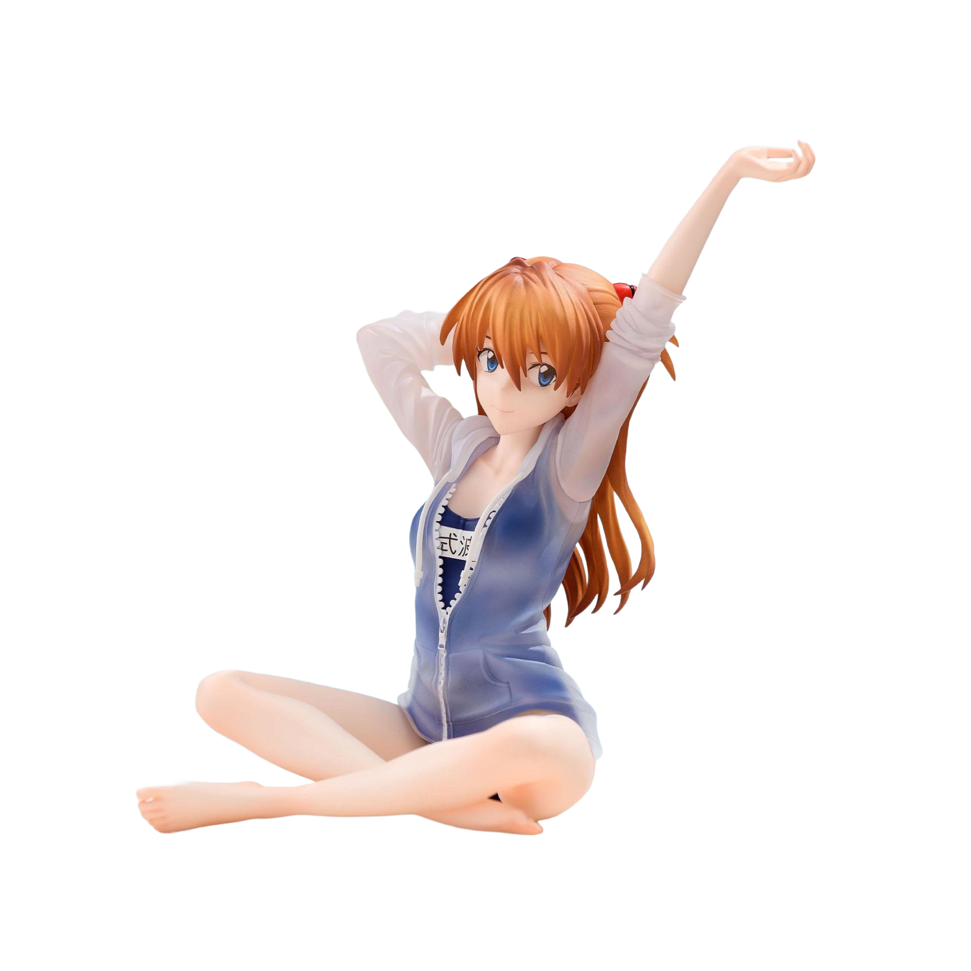 Figurine Sega Rebuild of Evangelion Asuka en maillot d'école Yumemirize, détail précis, pose dynamique, fond neutre.