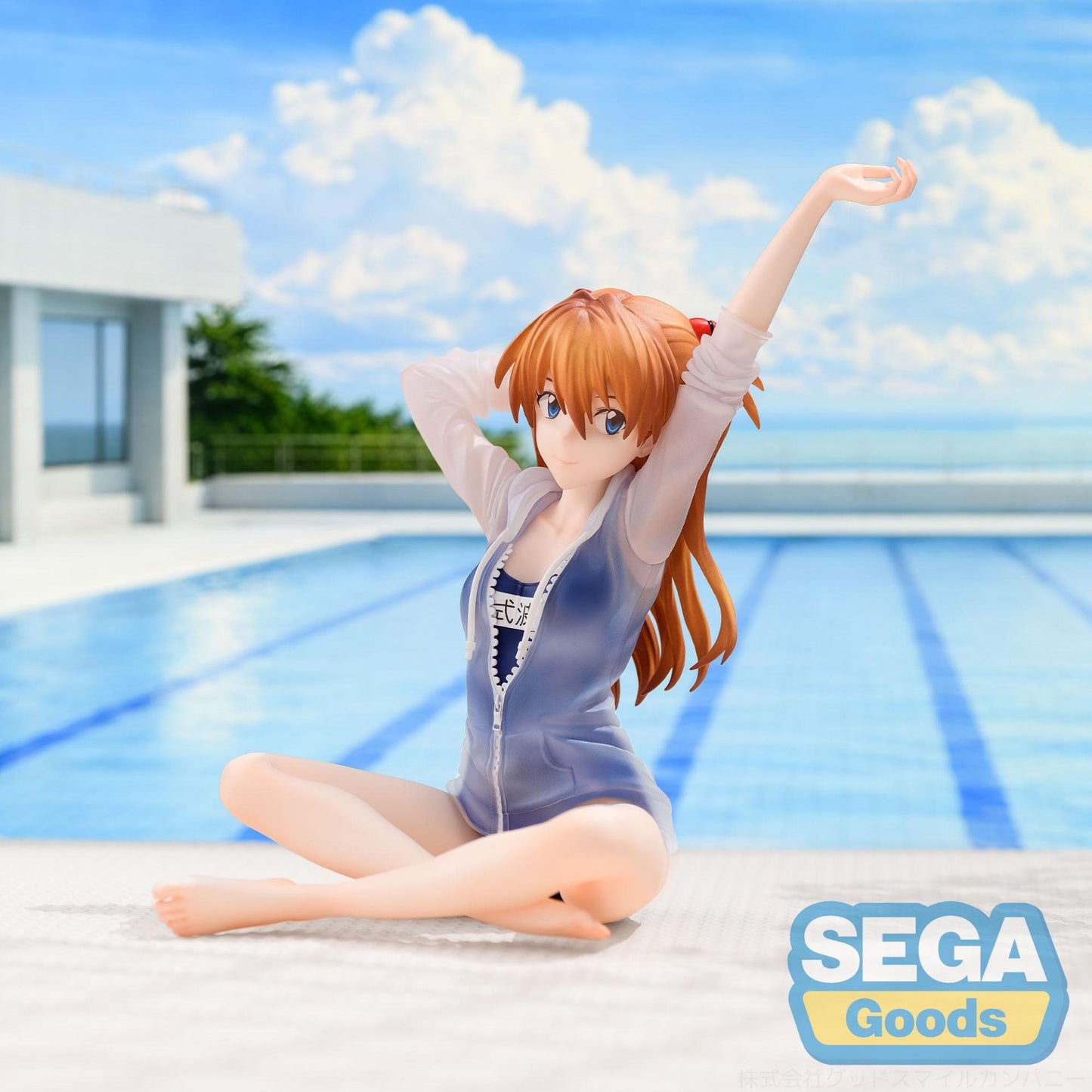 Figurine Sega Rebuild of Evangelion Asuka en maillot scolaire, détaillée et colorée, vue de face.