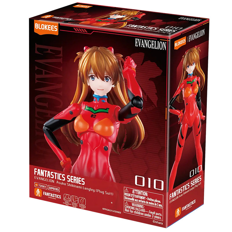 Kit de modélisation Evangelion Asuka en combinaison plug, de la série Fantastics Blokees, pose détaillée sur fond neutre.